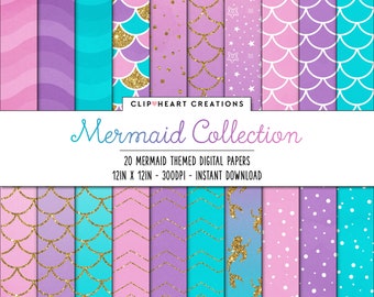 Mermaid Digital Papers, Commercial Use Instant Download Mermaids Themed Digital Paper Pack, Mermaid Scale Glitter Watercolor Digital Papers