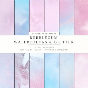Carta digitale per acquerello con glitter rosa e blu, carta digitale per acquerello con download immediato per uso commerciale, carta digitale Bubblegum