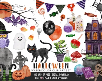 Halloween akvarell ClipArt, kommersiell användning direkt nedladdning PNG akvarell digital ClipArt, akvarell Halloween ClipArt Pack
