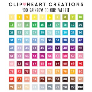 May include: A chart with 100 color swatches arranged in a grid. The colors are arranged in a rainbow pattern, starting with red and ending with purple. The chart is labeled "CLIP HEART CREATIONS 100 RAINBOW COLOUR PALETTE".