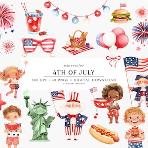Aquarell 4. Juli Clipart Bundle - Vaterländischer Digitaler Download - 49 PNGs - Grafiken zum Unabhängigkeitstag - Hohe Auflösung 300 DPI