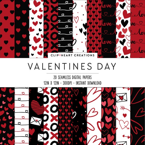 20 Valentines Themed Digital Papers, Seamless Commercial Use Instant Download Valentines Themed Digital Paper, Red and Black Valentines Day