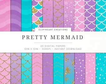 Mermaid Digital Papers, Commercial Use Instant Download Mermaids Themed Digital Paper Pack, Mermaid Scale Glitter Watercolor Digital Papers