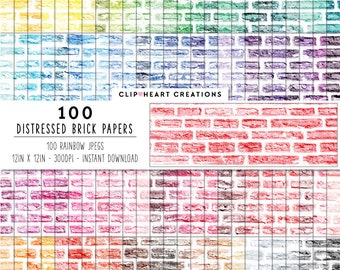 100 Distressed Brick Texture Digital Papers, Commercial Use Instant Download Grunge Digital Paper Pack, Brick Scrapbooking Planner Paper