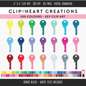 100 Keys Digital Clip Art, Commercial Use Instant Download PNG Keys Digital Clip Art, Rainbow Key Digital Planner Clipart,