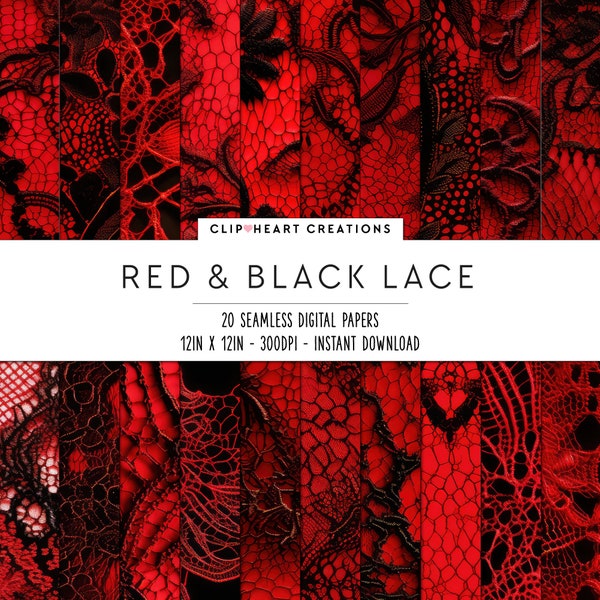 Red and Black Lace Digital Papers, Seamless Commercial Use Instant Download Valentines Day Lace Digital Paper, 20 Seamless Digital Papers