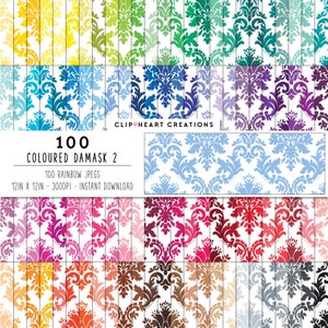 100 papiers numériques à motif damassé, utilisation commerciale, téléchargement instantané, papiers numériques Rainbow Damask, papiers de planification victorienne damassés - ensemble 2