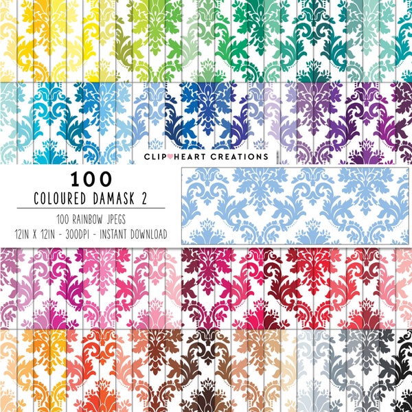 100 papiers numériques à motif damassé, utilisation commerciale, téléchargement instantané, papiers numériques Rainbow Damask, papiers de planification victorienne damassés - ensemble 2