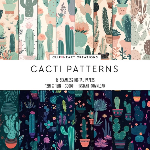 Cacti Pattern Digital Papers, Seamless Commercial Use Instant Download Cartoon Painted Cacti Digital Scrapbooking Papers