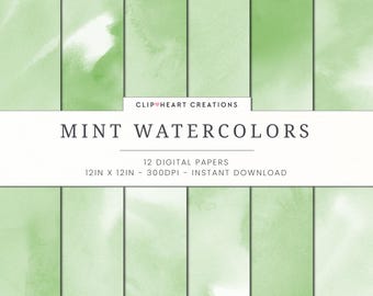 Green Watercolor Digital Papers, Commercial Use Instant Download Watercolour Digital Paper, Mint Digital Paper, Watercolor Paper