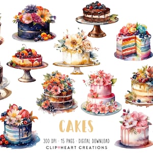 Collection de cliparts pour gâteau aquarelle, utilisation commerciale Téléchargement instantané PNG aquarelle numérique, Pack aquarelle de cliparts de boulangerie