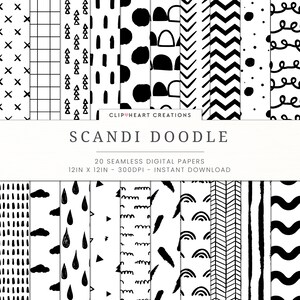 Schwarz & weiß Doodle nahtlose digitale Papiere, sofortiger Download für kommerzielle Nutzung, Scandi schwarz und weiß gekritzel Muster Papiere