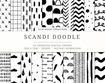Black & White Doodle Seamless Digital Papers, Commercial Use Instant Download, Scandi black and white doodle pattern papers