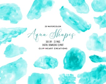 Aqua Watercolor Shapes Clip Art, Commercial Use Instant Download PNG Handpainted Watercolour Splashes Digital Clip Art, Watercolor Clipart