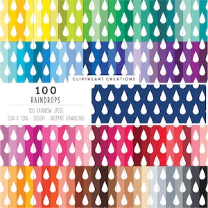 100 Raindrop Digital Paper Pack, Commercial Use Instant Download Seamless Rainbow Droplet Pattern Digital Papers