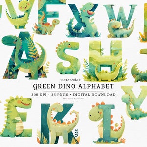 Clipart alphabet dinosaure vert, utilisation commerciale téléchargement immédiat alphabet numérique dinosaure Clipart, clipart alphabet lettre dinosaure aquarelle