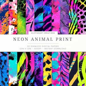 Carta digitale senza soluzione di continuità con stampa animalier al neon, download istantaneo per uso commerciale, carte decorative, diari di scarto, carte per hobby e decoupage