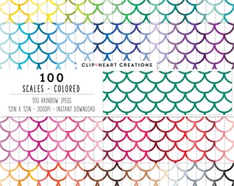 100 Fish Scales Digital Papers, Commercial Use Seamless Rainbow Fish Scales Digital Paper Pack, Mermaid Scales Planner Digital Paper