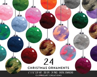 Watercolor Ornaments Clip Art, Commercial Use Instant Download PNG Watercolour Christmas Holiday Baubles Digital Clip Art