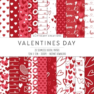 20 Valentines Themed Digital Papers, Seamless Commercial Use Instant Download Valentines Themed Digital Paper, Red Valentines Day