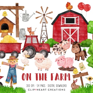 Sur la ferme rouge aquarelle Clip Art, utilisation commerciale téléchargement instantané aquarelle numérique Clipart, aquarelle rouge basse-cour Clip Art Pack