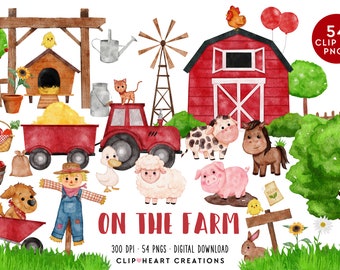 Watercolor Farm Clip Art: Barnyard Animals, Tractor (Digital Download)