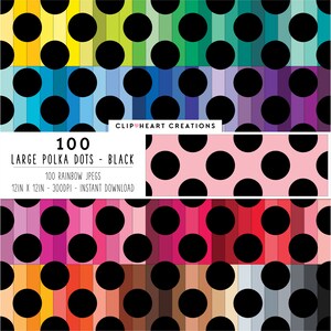 100 Polka Dot Digital Paper Pack, Commercial Use Seamless Large Black Polka Dot Rainbow Pattern Digital Paper Pack