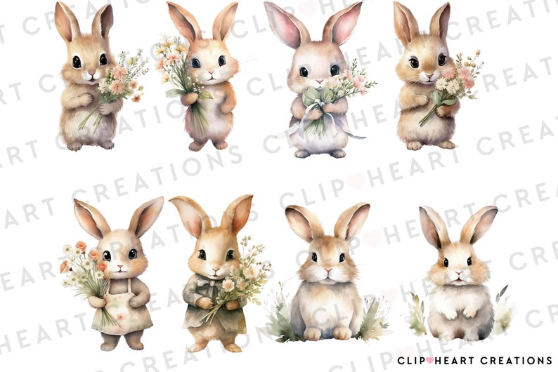 Spring Bunnies Watercolor Clipart Set, Commercial Use Instant Download ...