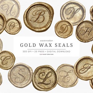 May include: A collection of gold-colored wax seals with various capital letters in a cursive font. The seals are arranged on a white background. The text "GOLD WAX SEALS" is displayed in the center.