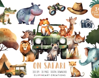 On Safari Watercolor Clipart Set, Commercial Use Instant Download PNG Watercolour Digital Clip Art, Safari Animals Watercolour Pack