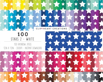 100 Star Pattern Digital Papers, Commercial Use Seamless White Stars Digital Paper Pack, Rainbow Star Pattern Scrapbooking Planner Papers
