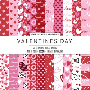 20 Valentines Themed Digital Papers, Seamless Commercial Use Instant Download Valentines Themed Digital Paper, Pink and Red Valentines Day