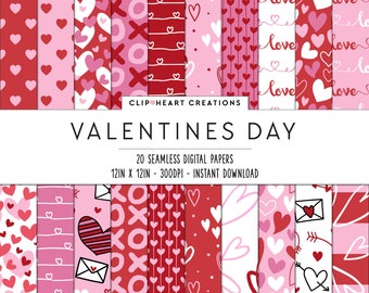 20 Valentines Themed Digital Papers, Seamless Commercial Use Instant Download Valentines Themed Digital Paper, Pink and Red Valentines Day