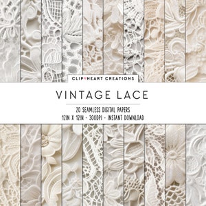 Vintage Lace Digital Papers, Seamless Commercial Use Instant Download Bridal Lace Digital Paper, 20 Seamless Digital Papers