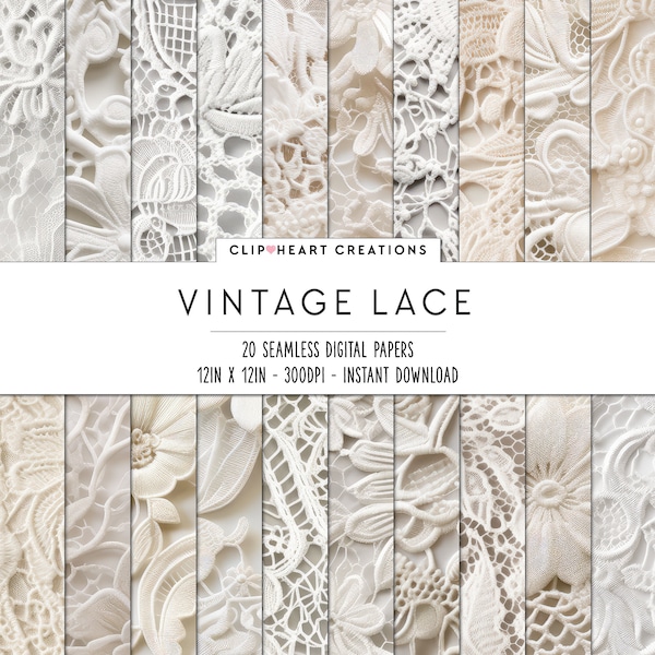 Vintage Lace Digital Papers, Seamless Commercial Use Instant Download Bridal Lace Digital Paper, 20 Seamless Digital Papers