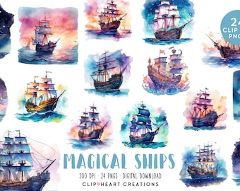 Magische Schiffe Aquarell Clipart Set, kommerzielle Nutzung Instant Download PNG Aquarell digitale Clip Art, Nautische Schiffe Aquarell Pack