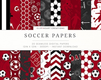 20 Soccer Themed Digital Papers, Seamless Commercial Use Instant Download Red Football Themed Digital Paper, Sports Digital Papers
