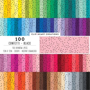 May include: A set of 100 digital paper patterns featuring a rainbow of colors with black polka dots. Each pattern is 12 inches by 12 inches and 300 DPI. The text "100 CONFETTI - BLACK" and "100 RAINBOW JPEGS" is displayed on the image.