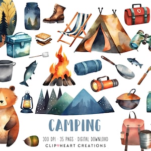 Joli ensemble de cliparts aquarelle camping, utilisation commerciale Téléchargement instantané PNG aquarelle numérique, Pack aquarelle camping forêt