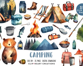 Cute Camping Watercolor Clipart Set, Commercial Use Instant Download PNG Watercolour Digital Clip Art, Camping Forest Watercolour Pack