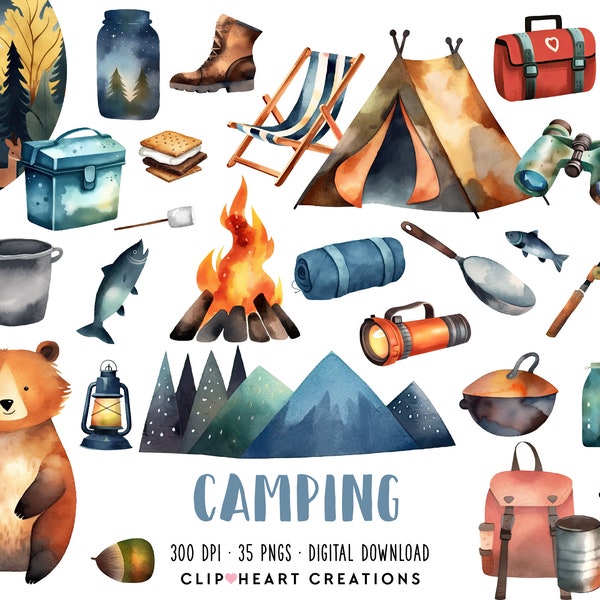 Cute Camping Watercolor Clipart Set, Commercial Use Instant Download PNG Watercolour Digital Clip Art, Camping Forest Watercolour Pack