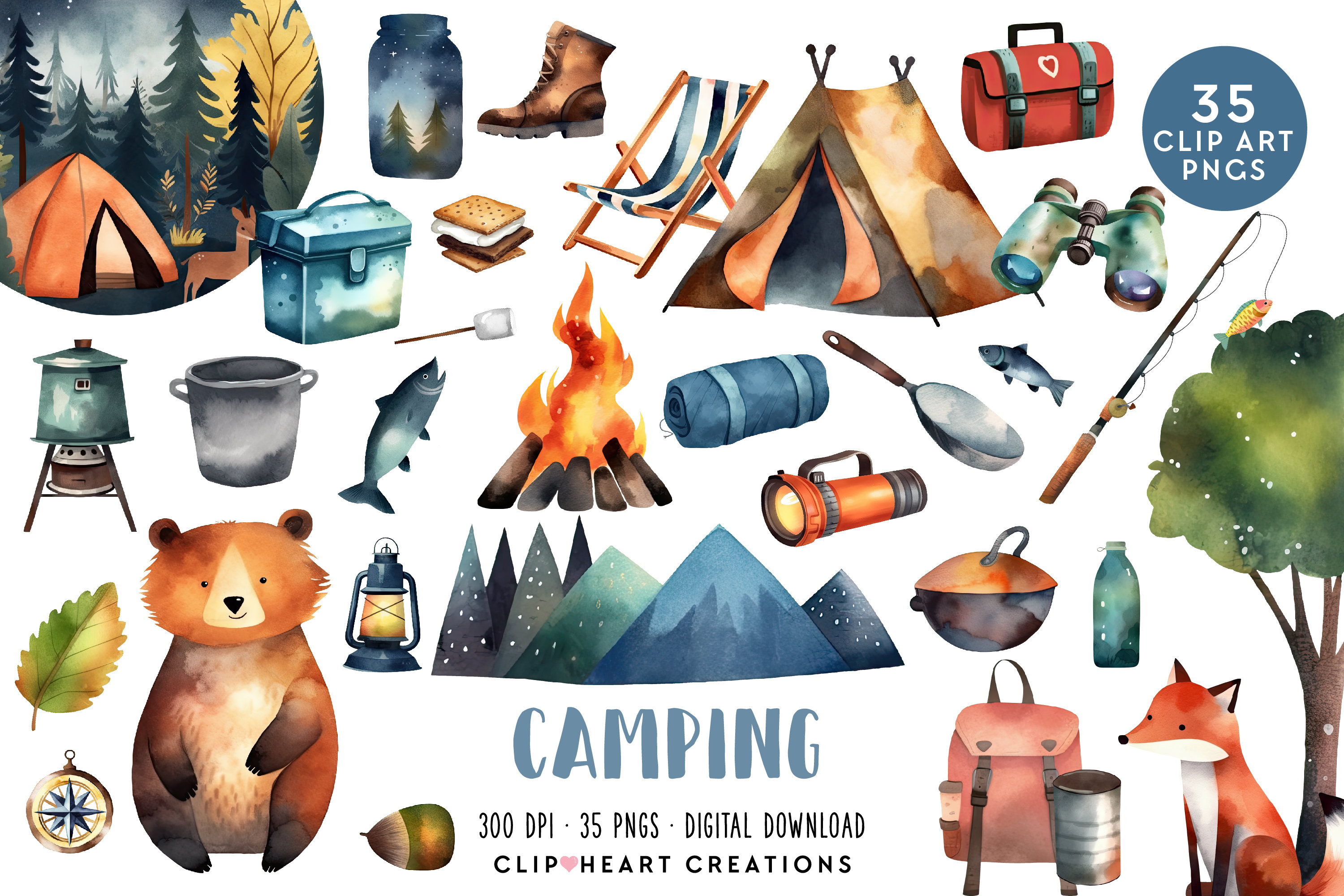 Cute Camping Watercolor Clipart Set, Commercial Use Instant Download PNG  Watercolour Digital Clip Art, Camping Forest Watercolour Pack - Etsy Israel, image size:3000x2000