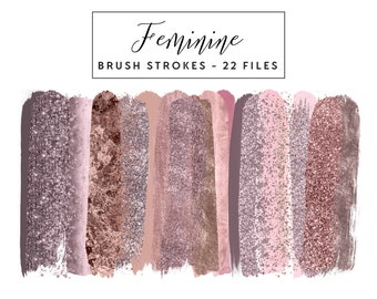 Feminine Brush Strokes Clip Art, Rose Gold Brush Strokes Clipart Paint Strokes, Commercial Use Instant Download Pink Glitter Brush Strokes