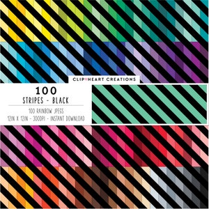 100 Diagonal Stripes Digital Paper, Commercial Use Instant Download Seamless Black Rainbow Stripes Paper Pack, Striped Planner Paper Pack