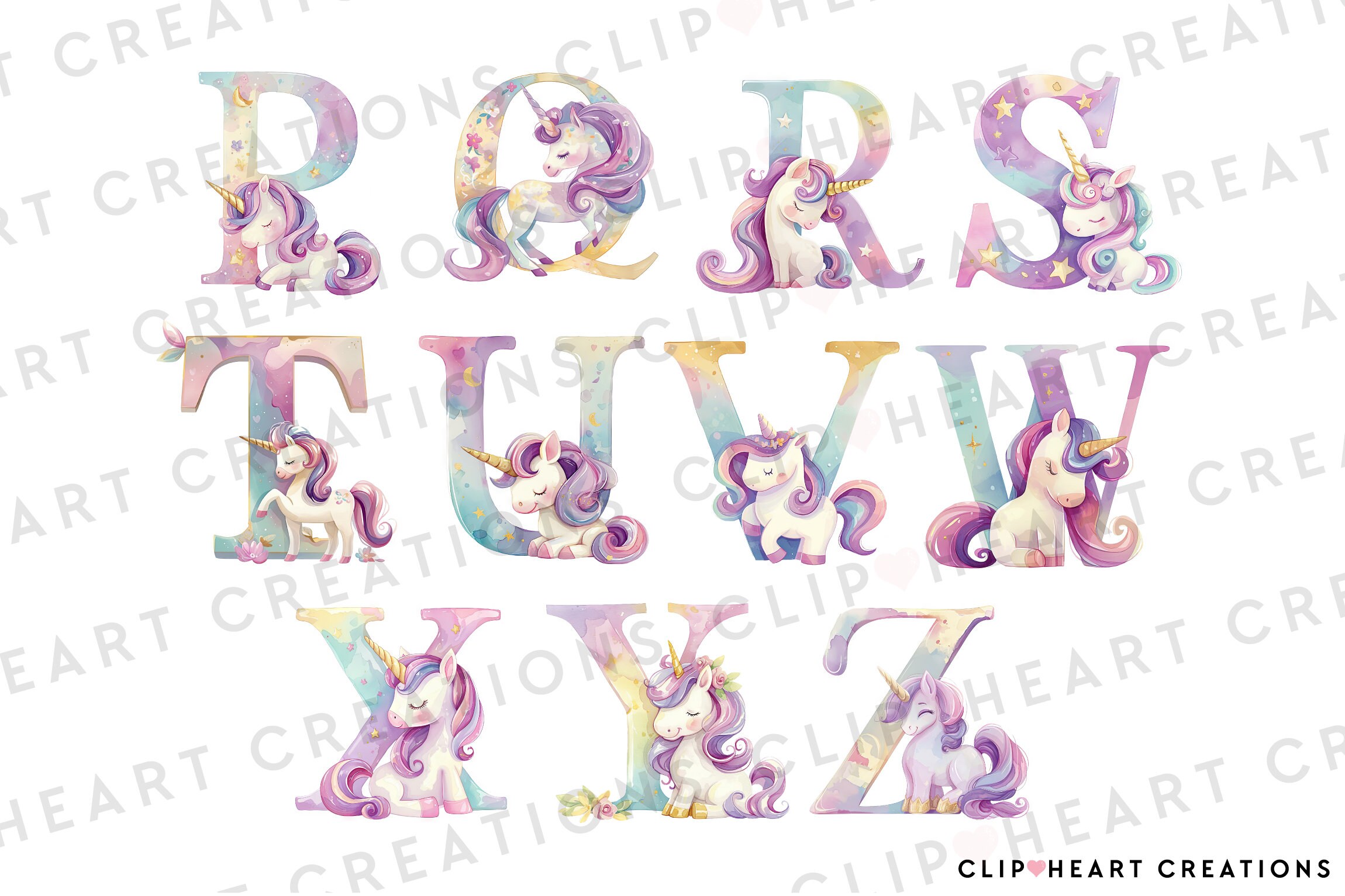 Unicorn Alphabet Clip Art, Commercial Use Instant Download Fantasy