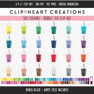 100 Bubble Tea Digital Clip Art, Commercial Use Instant Download PNG Milk Tea Digital Clip Art, Rainbow Bubble Tea Planner Clipart