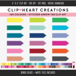 May include: 102 digital clip art images of stitched arrow tabs in 100 different colors. The tabs are 6 inches by 6 inches and 300 dpi. Bonus black and white files are included.