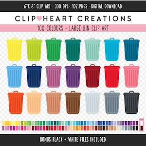 Pode incluir: Um gráfico de download digital com 100 imagens de clip art de lixeiras coloridas. As lixeiras são de várias cores, incluindo amarelo, verde, azul, roxo, vermelho e marrom. O texto na parte superior diz "CLIP HEART CREATIONS" e "100 COLOURS - LARGE BIN CLIP ART."