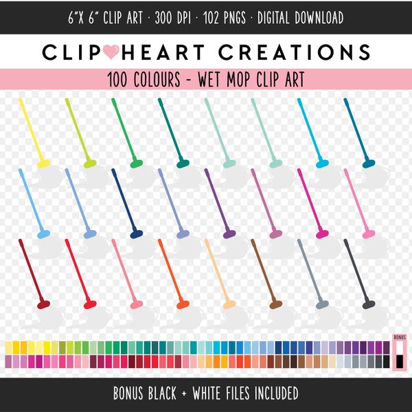 100 Mop Clip Art, Commercial Use Instant Download PNG Wet Mop Digital Clip Art, Rainbow Floor Cleaning Chores Scrapbooking Planner Clipart