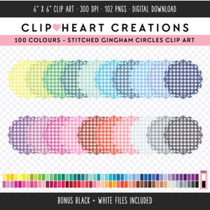 100 Stitched Scalloped Circle Clip Art, Commercial Use Instant Download Gingham Circle Digital ClipArt, Gingham Scrapbooking Planner Clipart